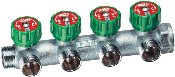 Фото коллектор проходной регулирующий far 3/4"x1/2" - 4 выхода Коллектор проходной регулирующий FAR 3/4"x1/2" - 4 выхода