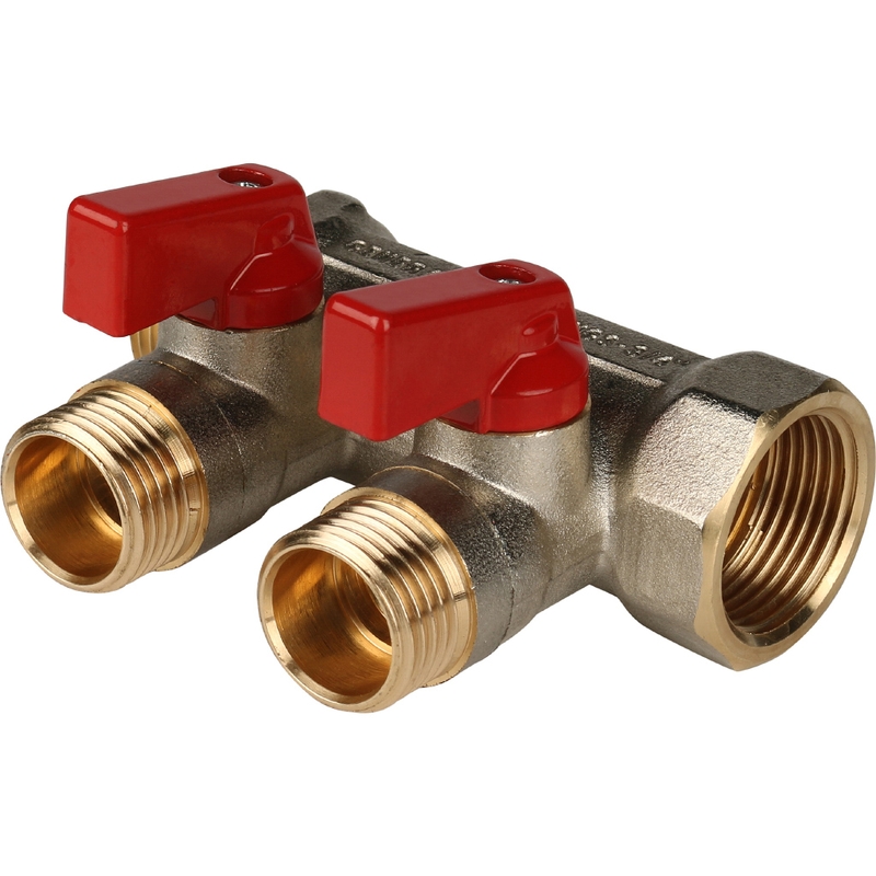 Фото smb 6200 341202 stout коллектор с шаровыми кранами 3/4", 2 отвода 1/2" (красные ручки) SMB 6200 341202 STOUT Коллектор с шаровыми кранами 3/4", 2 отвода 1/2" (красные ручки)