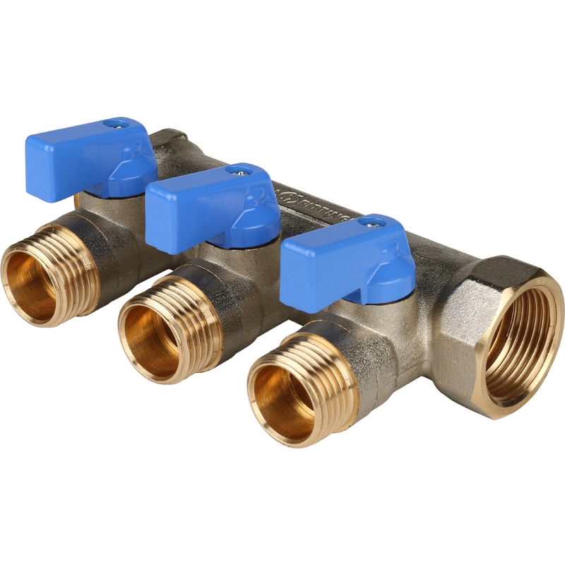 Фото smb 6201 341203 stout коллектор с шаровыми кранами 3/4", 3 отвода 1/2" (синие ручки) SMB 6201 341203 STOUT Коллектор с шаровыми кранами 3/4", 3 отвода 1/2" (синие ручки)