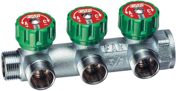 Фото коллектор проходной регулирующий far 3/4"x1/2" - 3 выхода Коллектор проходной регулирующий FAR 3/4"x1/2" - 3 выхода