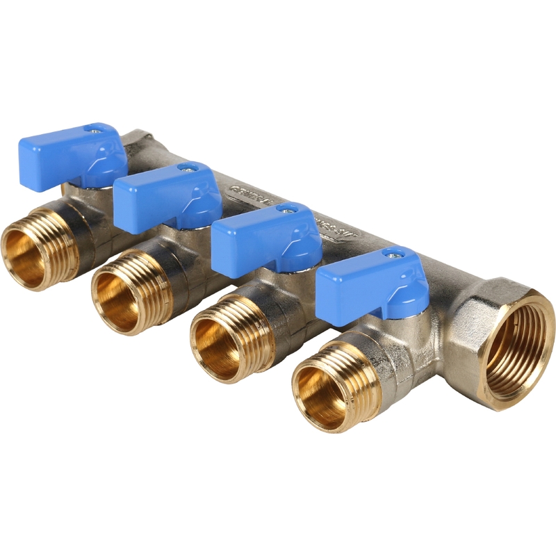 Фото smb 6201 341204 stout коллектор с шаровыми кранами 3/4", 4 отвода 1/2" (синие ручки) SMB 6201 341204 STOUT Коллектор с шаровыми кранами 3/4", 4 отвода 1/2" (синие ручки)