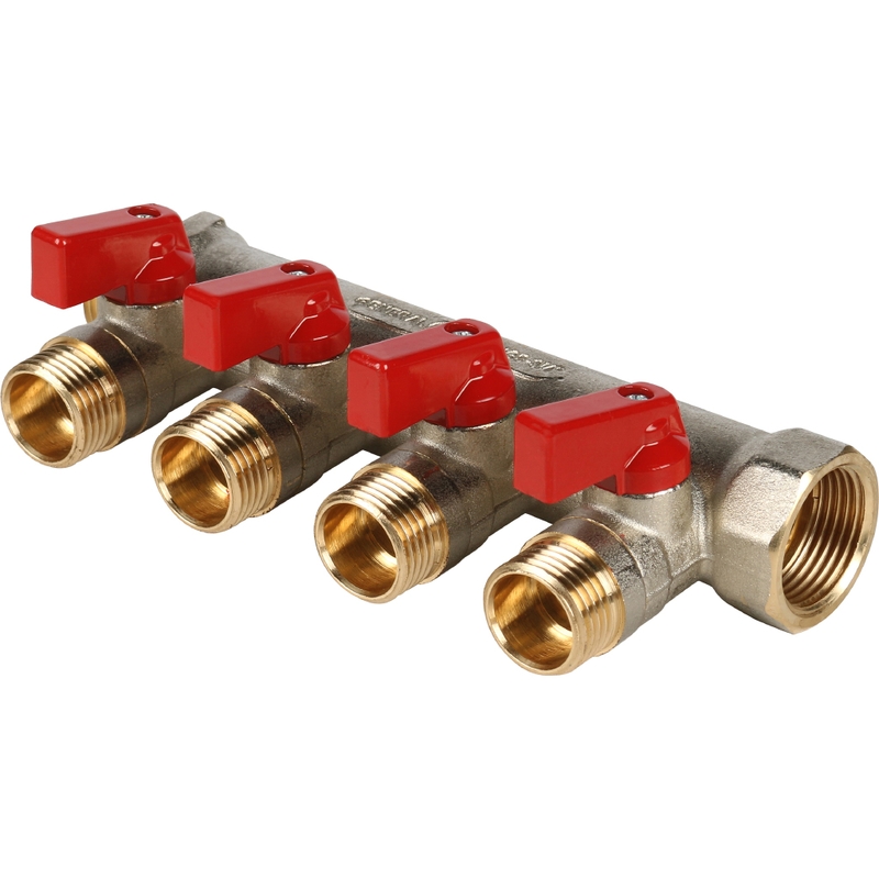 Фото smb 6200 341204 stout коллектор с шаровыми кранами 3/4", 4 отвода 1/2" (красные ручки) SMB 6200 341204 STOUT Коллектор с шаровыми кранами 3/4", 4 отвода 1/2" (красные ручки)