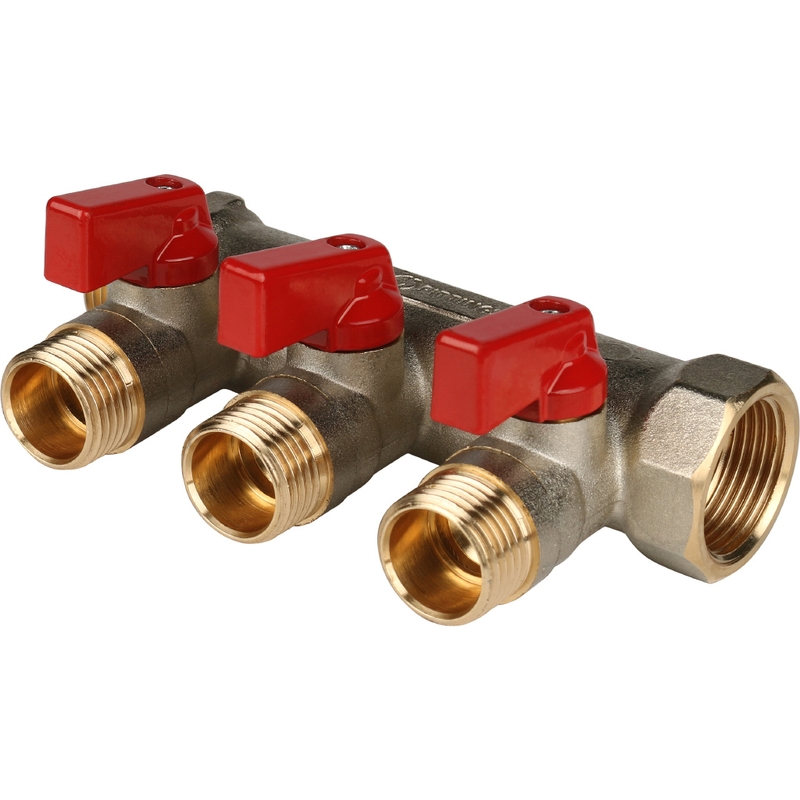 Фото smb 6200 341203 stout коллектор с шаровыми кранами 3/4", 3 отвода 1/2" (красные ручки) SMB 6200 341203 STOUT Коллектор с шаровыми кранами 3/4", 3 отвода 1/2" (красные ручки)